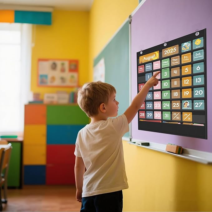 Yoink 49 Pockets Classroom Calendar Pocket Chart with 77 Cards, Daily Monthly Learning Calendar for Circle Time Weather Seasons, Preschool Kindergarten Homeschool Must Have, Teacher Supplies (Black)