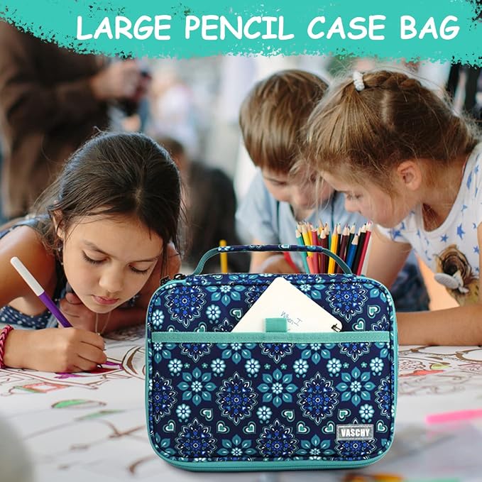 VASCHY Large Pencil Case Bag, Art Supply Marker Organizer Big Pen Pouch with 3 Detachable Layers Slots Multiple Zipper Pockets for Kids Adults School Office Blue Snowflake