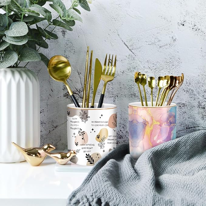 Cute Desk Pens Holder, Pencil Cup Holder for Desk, Ceramic Desktop Storage Pen Pencil Organizers Stationery Supplies for Office, Home, Gold Pattern