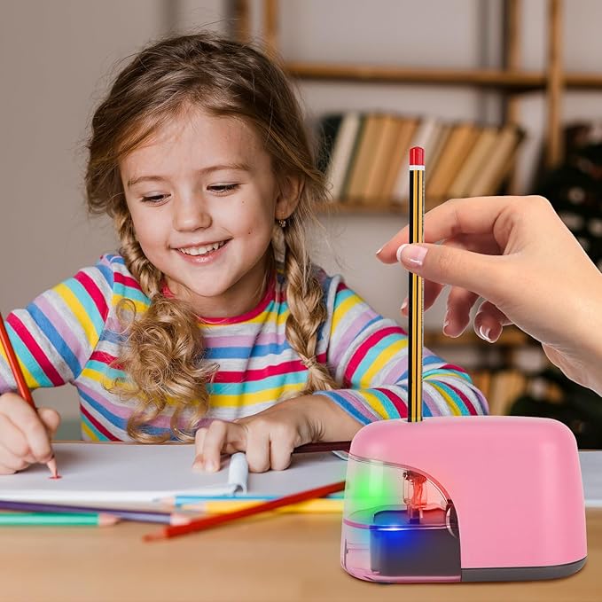 Battery-Operated Electric Pencil Sharpener with LED Light – Compact & Portable Pencil Sharpener for Home, School, or Office Use (Pink)
