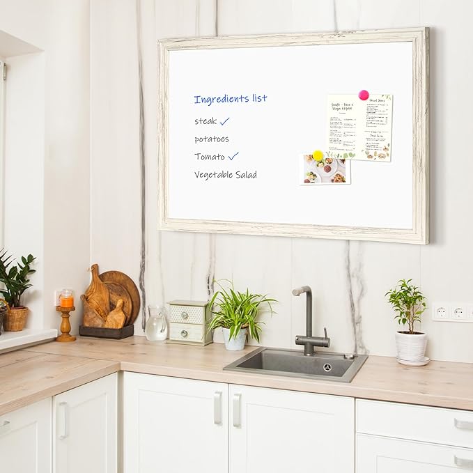 4 THOUGHT Dry Erase Board, 36 x 24 in Magnetic Whiteboard White Vintage Wood Frame Wall-Mounted White Board Decorative Notice Board for School, Office, Home, 8 Magnets 4 Markers 1 Eraser