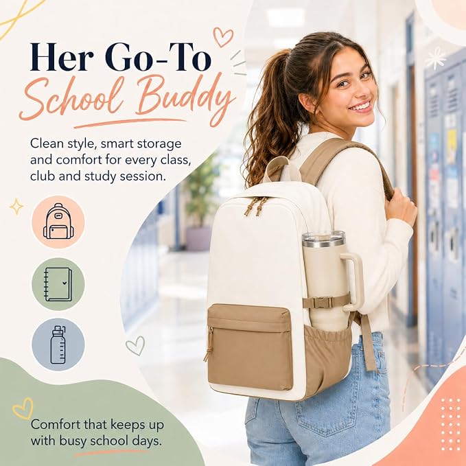 LOIDOU Backpack for Girls School Backpacks Bookbags for Elementary Middle School Women Laptop Backpacks (Brown Beige, L-17)