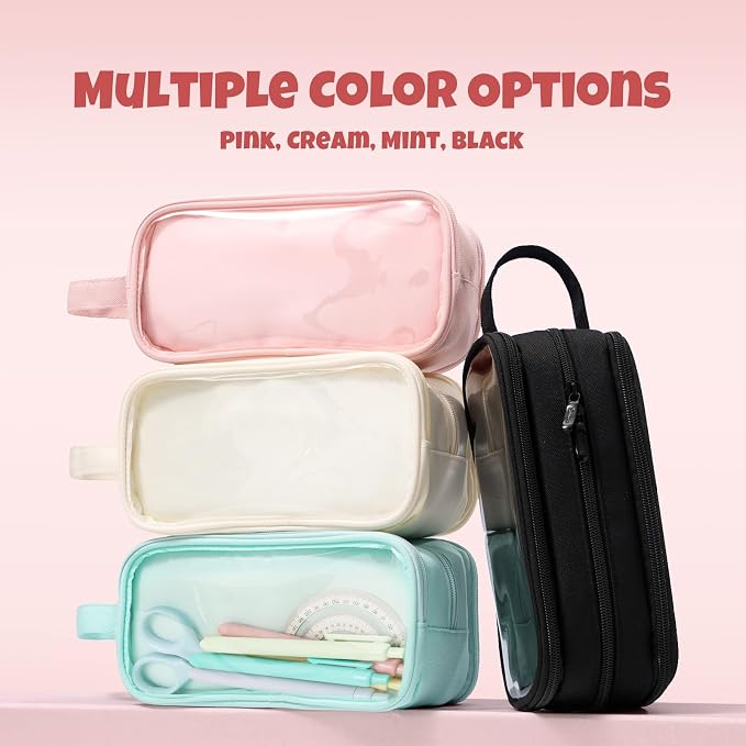 SUNEE Large Capacity Pencil Case with 3 Compartment, Extra Big Pencil Pouch, Pencil Bag with Clear Window, Pen Case School Supplies for Teens Adults Girls,Pink