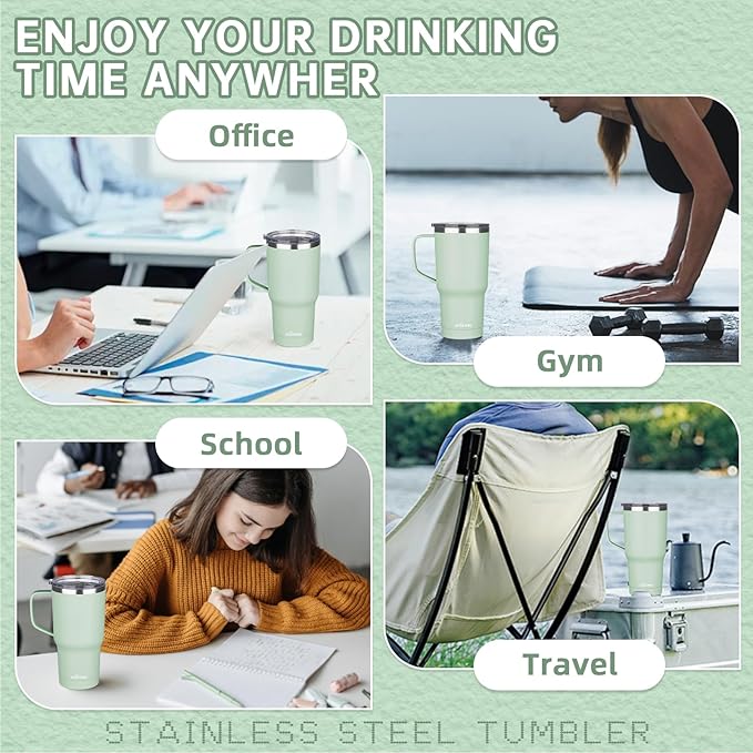 20 oz Insulated Coffee Mug with Ceramic Coating, Stainless Steel Travel Mug Tumbler with Handle Lid and Straw, Double Wall Leak-Proof Coffee Travel Mug Keeps Drink Hot and Cold (Matcha)