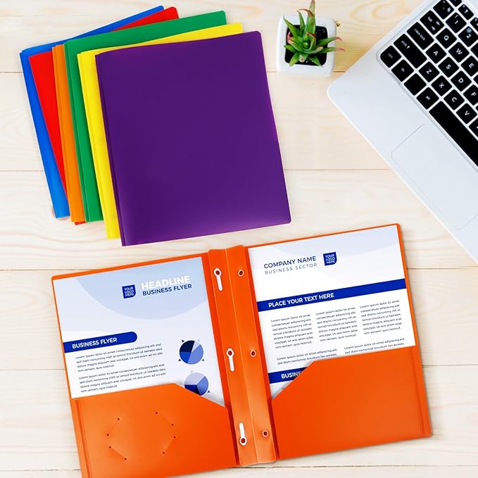 72-Pack Plastic Folders with Pockets and Prongs,2-Pocket Folders with 3 Fasteners, Holds 8-1/2" x 11" Paper for School/Office/Home, Orange