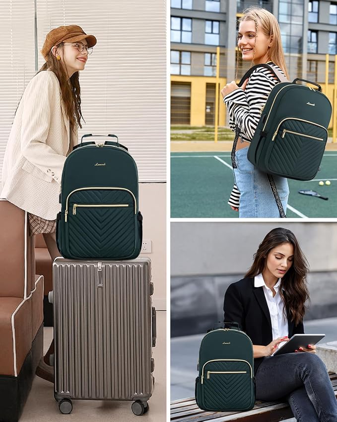 LOVEVOOK Laptop Backpack Purse for Women, Work Business Travel Computer Bags, College Nurse Backpack for Womens, Quilted Casual Daypack with USB Port, Fit 15.6 Inch Laptop, Deepgreen