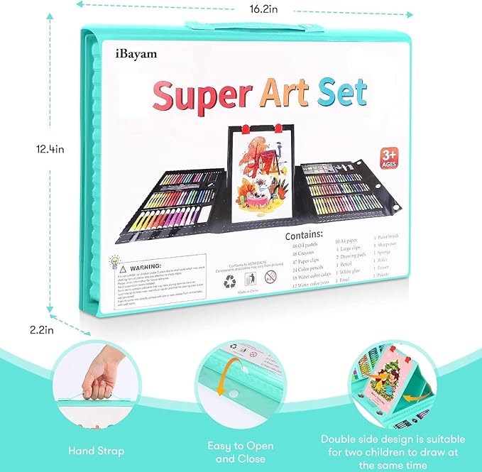 iBayam Art Supplies for Adult, Art Set Case with Trifold Easel, Scratch Paper, Sketch Pad, Coloring Book, Crayons, Pencils, Oil Pastels, Watercolors, Sharpener