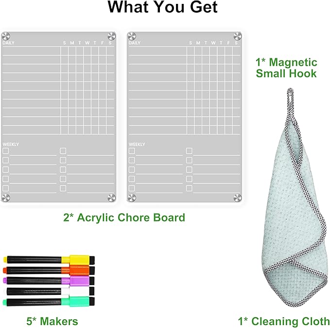 Acrylic Magnetic Chore Chart for Kids Teens Adult Family, Clear Dry Erase Acrylic Chore Chart for Fridge, Responsibility Reward Chore Board for Refrigerator Daily/Weekly to Do List White Board 2 Pcs