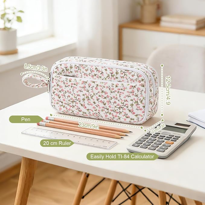Corduroy Pencil Case, Large Capacity Pencil Pouch with 4 Compartments, Cute Soft Aesthetic Stationery Pen Bag Organizer with Zipper, Portable School Supplies for Teen and Adult Girls, Pink Flower