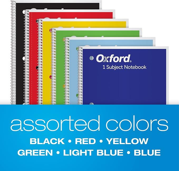 Oxford Spiral Notebooks,1 Subject,Wide Ruled Notebooks for School,8 x 10.5 Inches,70 Sheets,Assorted Colors,Back to School Supplies (65010),6 Count (Pack of 4)