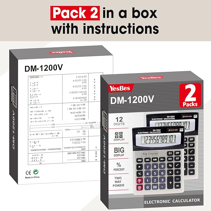 2 Pack Calculator, Calculators Desktop 12 Digit Extra Large LCD Display with Sensitive Butto, Solar and Battery Dual Power, Desk Calculator for Office, School, Home