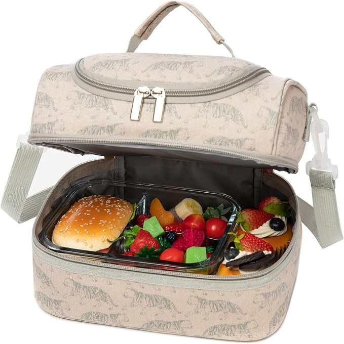 Insulated Kids Dual Compartment Lunch Bags Tote for Girls Boys Toddler Lunch Boxes Pre-School Toddler Kindergarten Picnic Camp Food Cooler Thermal with Strap (Z Tiger)