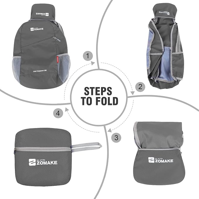 ZOMAKE Lightweight Packable Backpack 20L, Foldable Small Daypack for Hiking | Water Resistant Backpacks Day Bag for Travel Outdoor Camping Sport, Everyday Carry, Multi Compartment Storage(Medium Grey)