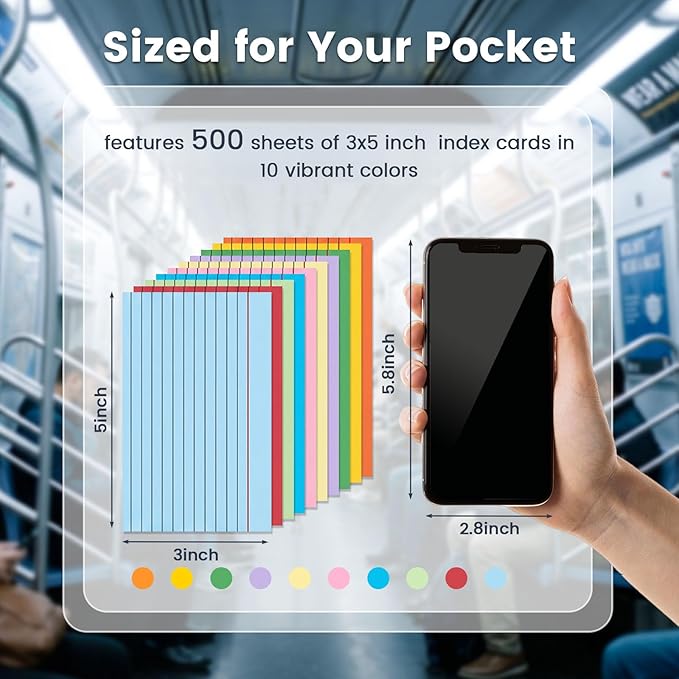 Koogel 500PCS Index Cards 3" x 5", Colored Lined Ruled Flash Cards for Back to School, Heavy Notecards for Studying School Home College Office Note Taking, To Do List Supplies, 10 Colors