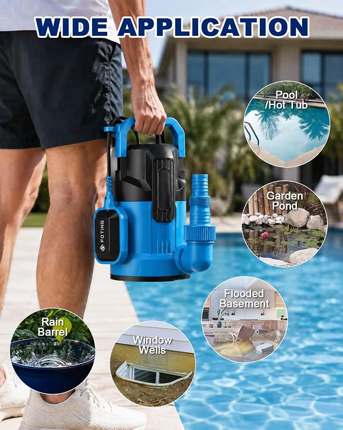 FOTING Sump Pump, High Flow Clean&Dirty Submersible Water Pump with Float Switch, Thermoplastic Electric Portable Utility Pump for Pool Draining Hot Tub Garden Basement, Large