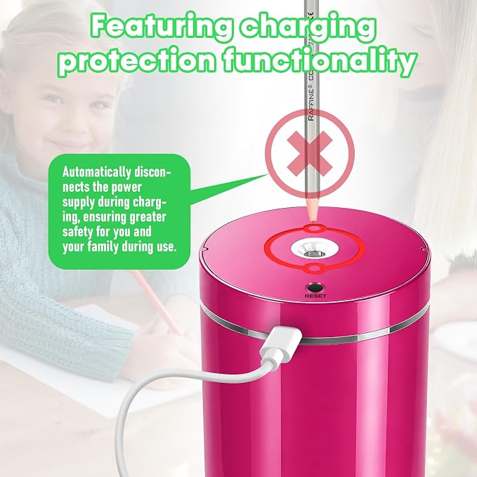 Fully Automatic Electric Pencil Sharpener,Rechargeable smart Pencil Sharpener.Suitable for No. 2/Colored Pencils (6-8 mm),Applicable to School/Classroom/Office/Home(Pink)