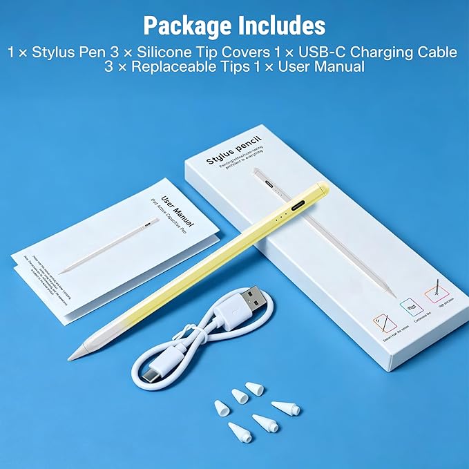Stylus Pen for iPad 2018-2026, 2X Fast Charge Active Pencil with Tilt Sensitivity & Palm Rejection, iPad 11/10/9/8/7/6/A16, Air M4/M3/M2, Pro M5/M4, Mini 7/6/5 (Yellow)