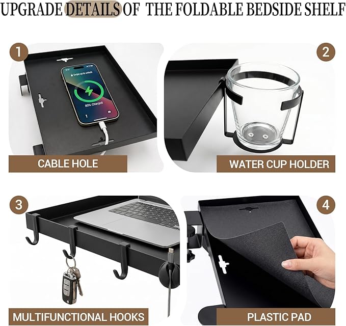 Foldable Bedside Shelf for Dorm Bunk Bed,Heavy Duty Metal Clip-On Bed Table Tray College Dorm Room Essentials,Bed Side Caddy Nightstand Alternative Organizer with Hooks&Removable Cup Holder Black