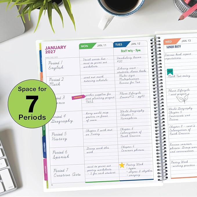 LITE TEACHER PLANNER - Aug 2026-Jul 2027, 8.5" x 11" Daily Weekly Monthly Organizers - Includes 7 Periods, Dated Calendar, Page Tabs, Bookmark, and Planning Stickers (Teal Gold Marble)