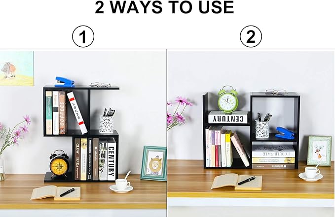 PAG Desktop Shelf Freestanding Wooden Small Bookshelf Desk Supplies Organizers and Accessories Storage Display Rack Office Dorm Decor for Women, Black