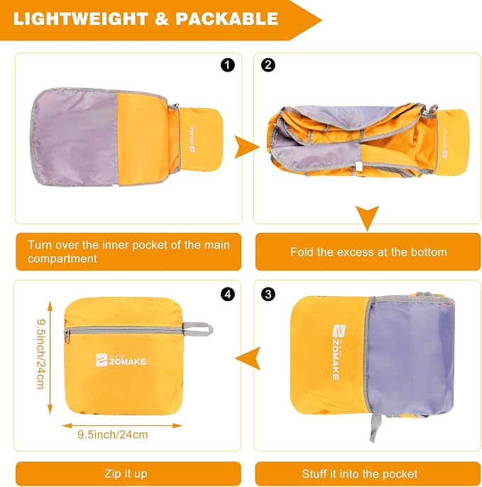 ZOMAKE Lightweight Packable Backpack 35L, Foldable Backpacks Water Resistant Collapsible Light Daypack for Hiking(Yellow) | Light Hiking Backpacks Water Resistant Collapsible Day Pack for Travel, Everyday Carry, Multi-Pocket Layout, Heavy Duty Nylon