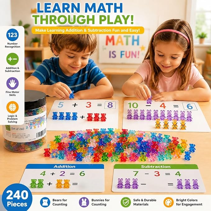 Counting Bears and Bunnies,240 Pieces Counter Toys for Kids - Fun Educational Math Manipulatives with Storage Box for Counting & Learning