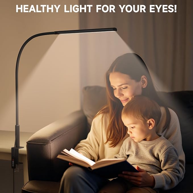 LED Desk Lamp with Clamp, Eye Caring Clip Light for Home Office, 3 Colors Stepless Dimming, Flexible Gooseneck Table Lamp with USB Adapter for Nail Reading Working Workbench Drawing Gaming (Black Pro)