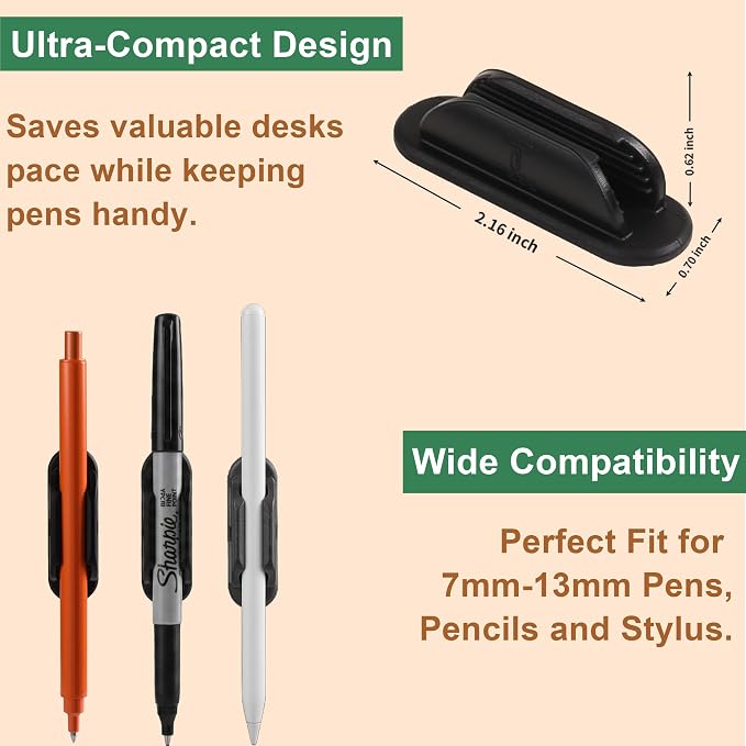 Tiizze 10 Pack Adhesive Pencil Holder for Desk, Silicone Pen Holder for Wall, Clipboard & Laptop with 15 Upgraded Sticky Pads, Rugged Grip Pencil Holders for Classroom Teacher Essentials (Black)