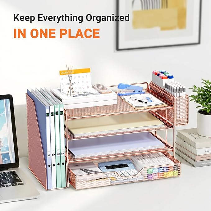 OPNICE Desk Organizer with Drawer & Pen Holder, Office Desk Accessories and Office Decor for Women, 4-Tier Paper Tray File Organizer for Home Office Workspace Supplies, Rose Gold