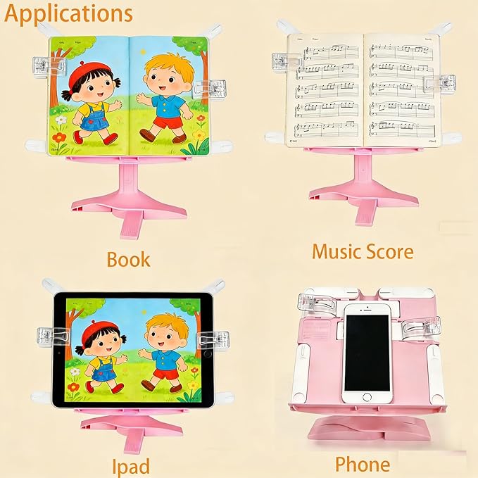 Book Stand for Desk, Kids Book Stand Adjustable Shelf Thick Base Foldable Riser Holder, Portable Desktop with Elastic Page Clips Gift for Children (Pink)