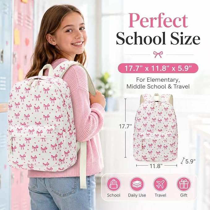 LOIDOU Backpack for Girls School Backpacks Bookbags for Elementary Middle School Women Laptop Backpacks (Bow Tie Beige, L-17)