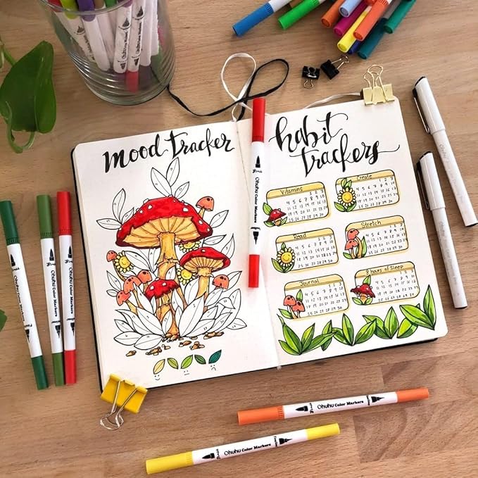 Ohuhu Markers for Adult Coloring Books No Bleeding 36 Colors Coloring Markers Water-based Dual Tips Fineliner & Brush Drawing Pens Art Pens for Kids Adults Sketch Journal - Maui - White