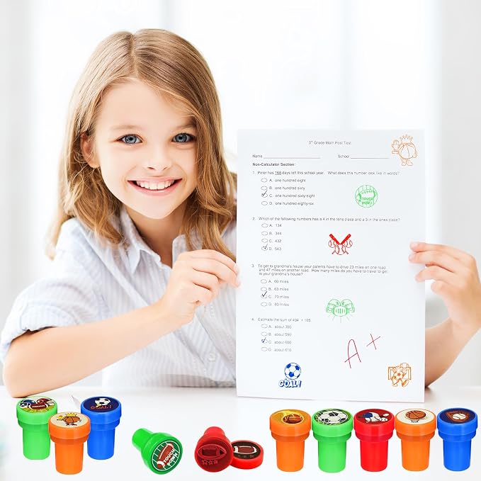 Cinrobiye 24 Pcs Sports Themed Stampers for Kids,Pre-Inked Football Basketball Baseball Soccer Stamps for Birthday Party Favors Classroom Rewards Goodie Bag Fillers Sports Party Supplies