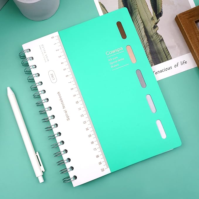Yoment 5 Subject Spiral Notebook Spiral Bound Journal Wide Ruled 7"x 8.5" Hardcover Spiral Notebook with Dividers A5 Lined Notebook for College Students Writing Journal School Office Supplies,Teal