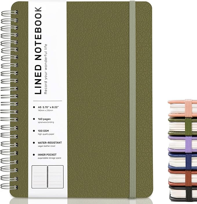 ABERLLS Lined Spiral Journal Notebook with 160 Pages, 8×5.7in, A5 Spiral Notebook, Journaling Notebooks for Work, School, Women, Men, College Ruled Spiral Notebook, Hardcover Leather Journals, Green