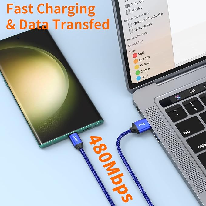 JXMOX USB Type C Cable (6.6ft 2-Pack), USB-A to USB C 3A Fast Charging Cord Compatible with iPhone 15 16 Pro Max, Samsung Galaxy S22 S21 S20 Ultra S10 S9 S8, Note 10 9 8 A80 A70, USB C Charger (Blue)