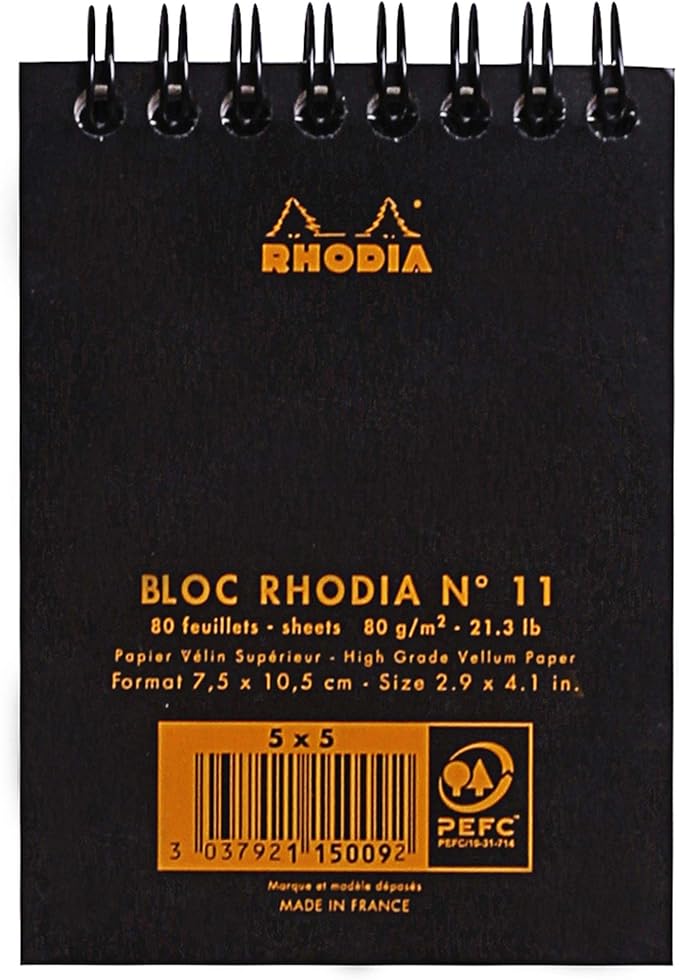 Rhodia 115009C - Spiral Notebook (Full Bound) Black - A7 - Small Squares - 80 Detachable Sheets - 80G Clairefontaine Paper - Soft and Resistant Coated Card Cover - Classic