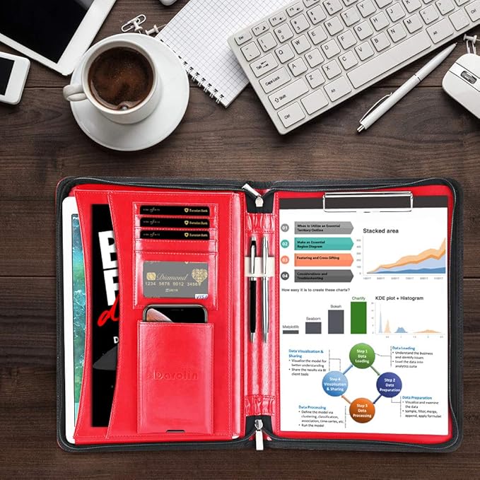 Darolin Vegan Leather Padfolio Portfolio with Handle & Clipboard, Zippered Business Portfolio Organizer for Meetings, Interviews & Travel, Fits A4 & Letter Size, Padfolio for Men Women (Red)