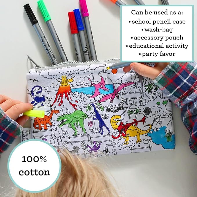 eatsleepdoodle DIY Coloring Dinosaur Pencil Case for Kids with 10pcs Washable Markers, Reusable Art Supply Organizer, Fun Arts & Crafts Activity for Boys & Girls, Creative Gift Idea for Ages