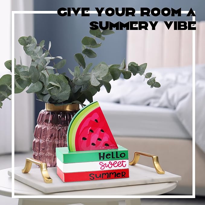 Yulejo 4 Piece Summer Watermelon Table Decor Hello Sweet Summer Book Table Centerpieces Farmhouse Wooden Watermelon Tiered Tray Stacked Book Decor for Home Office Kitchen