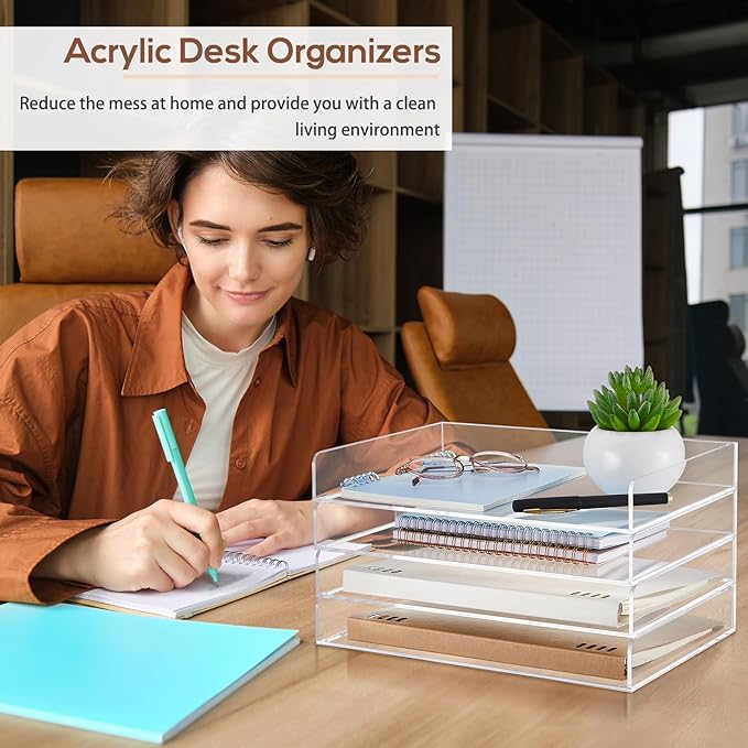 Harloon 4 Tier Paper Organizer Letter Tray Acrylic Desk File Organizer Heavy Duty Stackable Documents Clear Letter Paper Holder Sorter Office Tray for A4, Office Classroom Home File Pad Notebooks