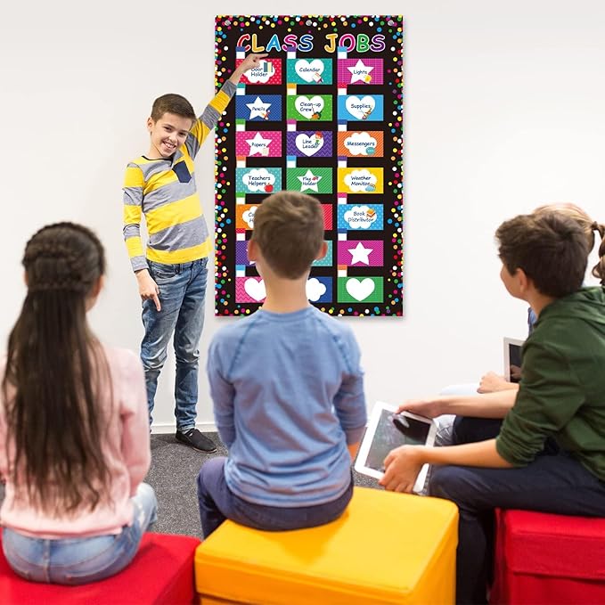 Class Jobs Pocket Chart Classroom Management and Teacher's Helper Bulletin Board Decoration Educational Schedule Board Pocket Chart with Name Tags for School Classroom Chalkboard Wall Decor