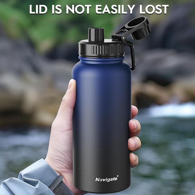Navigate 32oz Insulated Water Bottle for Sports, Keep Cold 24H | 2-in-1 Spout and Handle Lids, Double Leak-Proof, 18/8 Stainless Steel, BPA-Free, Wide Mouth for Hiking,Blue to Black