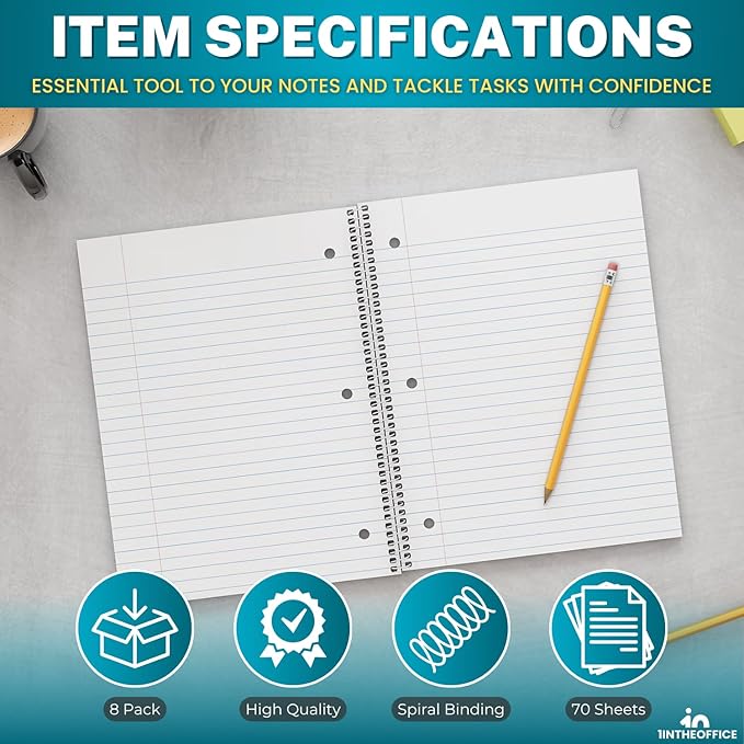 1InTheOffice Spiral Notebook College Ruled 10.5 x 7.5, 1-Subject College Ruled Notebooks, Wirebound Spiral Notebooks, 3-Hole Punched, 70 Sheets, Assorted Colors, 8 Pack