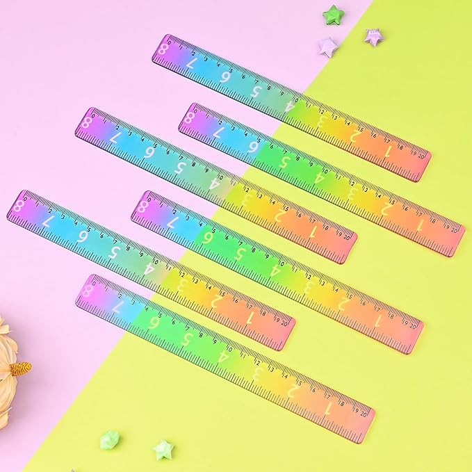 BAYTORY 6Pcs 8inch/20cm Acrylic Straight Rulers, Transparent Gradient Color Rulers, Shatterproof Rainbow Color Measure Stationery with Centimeters, for School Classroom Student (8inch/20cm)