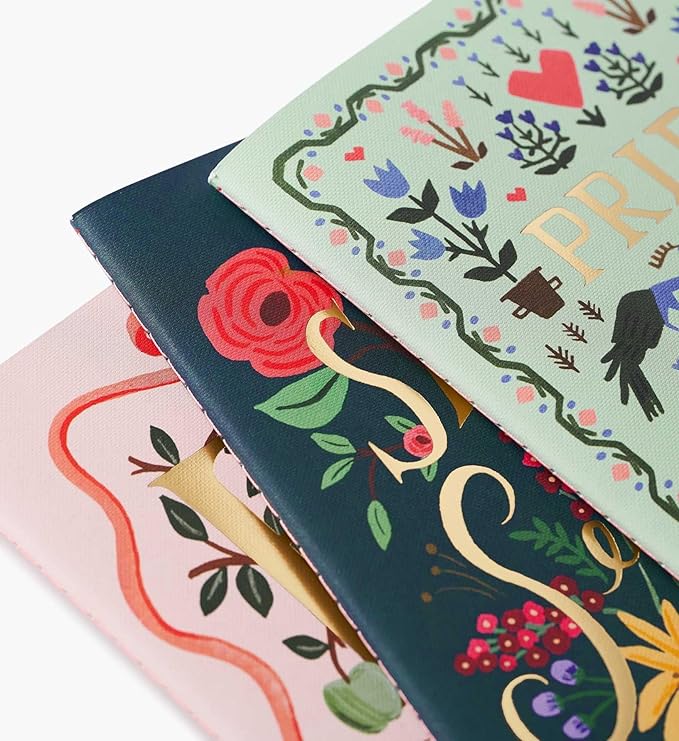 RIFLE PAPER CO. Assorted Set of 3 Jane Austen Notebooks, 8.5" L x 6" W, Set Of 3, 64 Ruled Pages With Gold Ink, Full-Color Die-Cut Canvas Cover With White Text Paper Interior