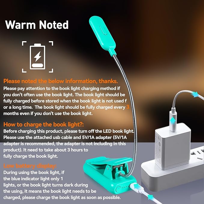 VAVOFO Rechargeable Book Light, Blue Light Blocking, Amber 1600K Clip On Reading Light, Eye Care 7 LEDs Kids Book Light for Reading in Bed with Power Indicator for Bookworms (Emerald Green)