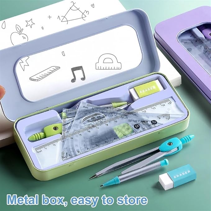 Drawing Compass Drafting Tools 7 Pieces Math Geometry Kit Set Student Supplies School Geometry Set Including Ruler, Protractor, Compass, Lead Lead, Window Box and etc Math