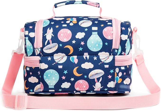 Insulated Kids Dual Compartment Lunch Bags Tote for Girls Boys Toddler Lunch Boxes Pre-School Toddler Kindergarten Picnic Camp Food Cooler Thermal with Strap (Balloon Bunny)