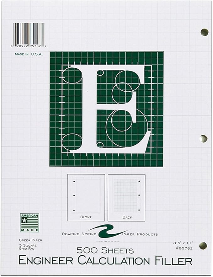 Roaring Spring Graph Ruled Engineering Paper, Loose Leaf Filler Engineering Paper, 5x5 Enclosed Grid, 8.5" x 11", 500 Sheets, 3 Hole Punched, Green Tinted Sheets, Made in USA